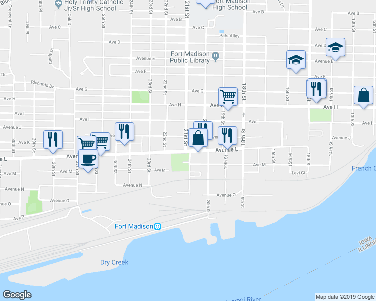 map of restaurants, bars, coffee shops, grocery stores, and more near 2095 U.S. 61 in Fort Madison