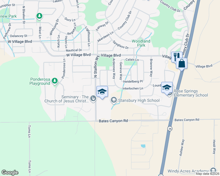 map of restaurants, bars, coffee shops, grocery stores, and more near 98 Shamrock Lane in Stansbury Park