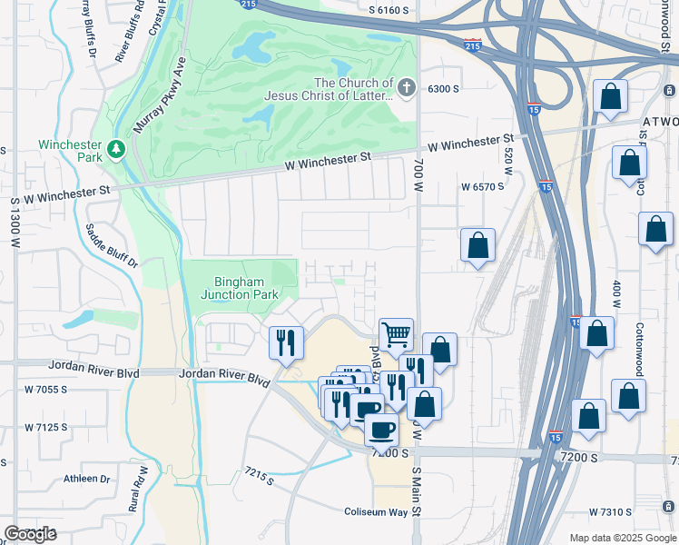 map of restaurants, bars, coffee shops, grocery stores, and more near 6816 Snickers Lane in Midvale