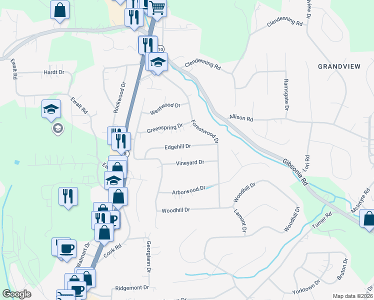 map of restaurants, bars, coffee shops, grocery stores, and more near 517 Edgehill Drive in Gibsonia