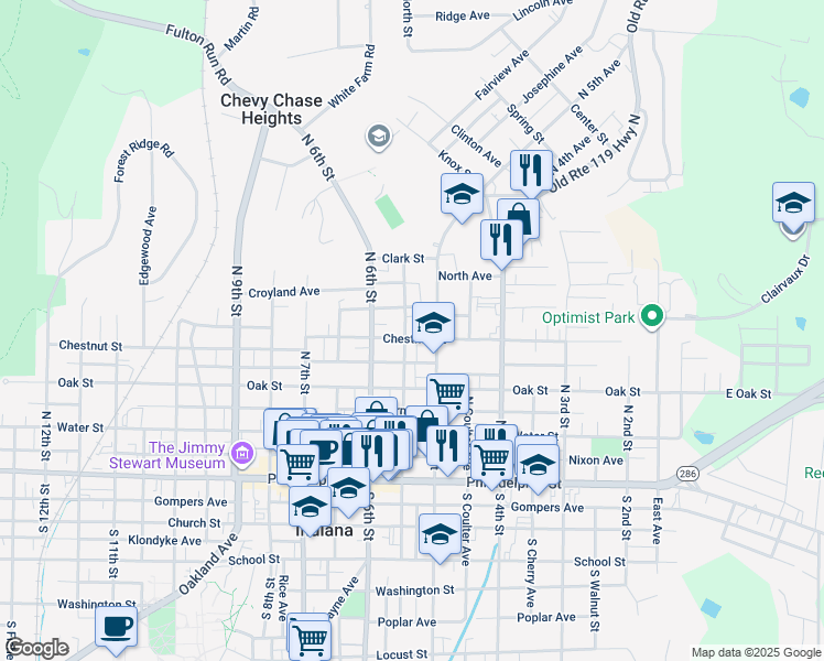 map of restaurants, bars, coffee shops, grocery stores, and more near 531 Chestnut Street in Indiana