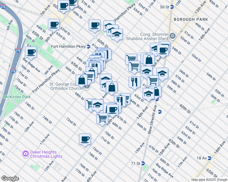 map of restaurants, bars, coffee shops, grocery stores, and more near 1228 64th Street in Brooklyn
