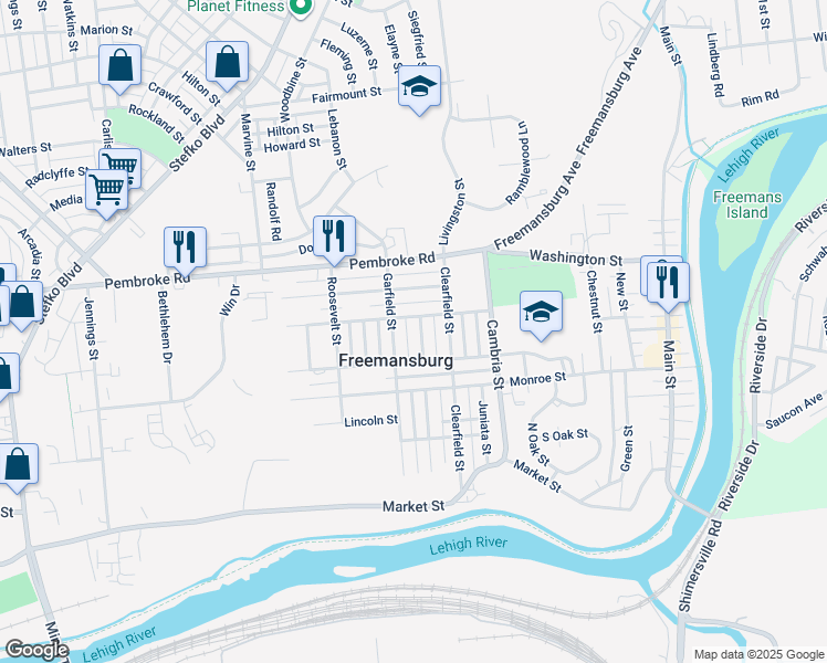 map of restaurants, bars, coffee shops, grocery stores, and more near 352 Somerset Street in Freemansburg
