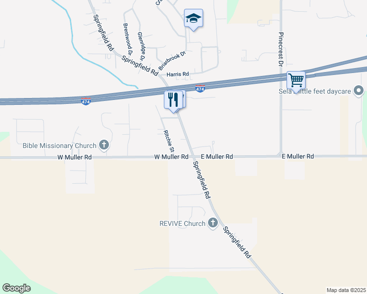 map of restaurants, bars, coffee shops, grocery stores, and more near 116 Ritchie Street in East Peoria