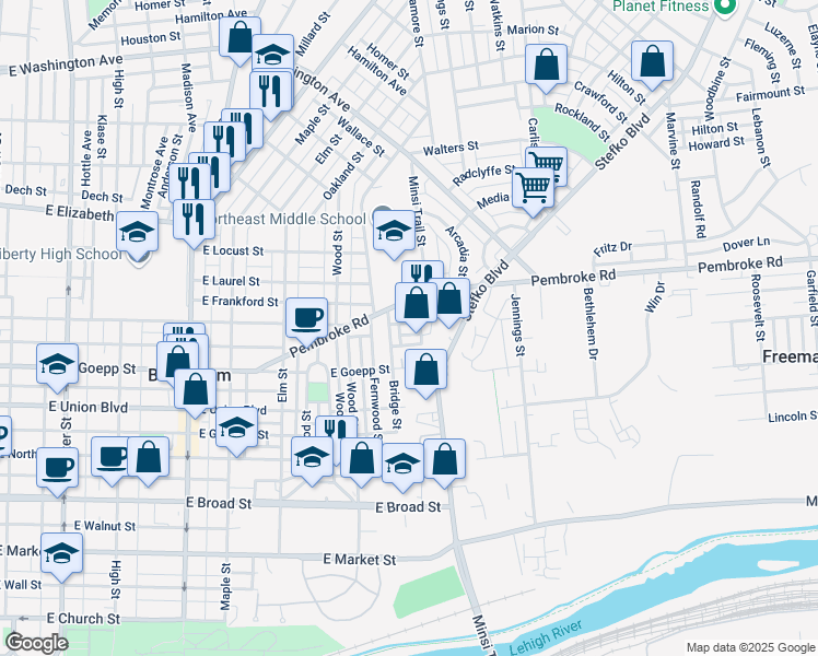 map of restaurants, bars, coffee shops, grocery stores, and more near 738 East Fairview Street in Bethlehem