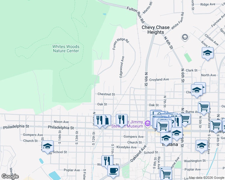 map of restaurants, bars, coffee shops, grocery stores, and more near 308 North 11th Street in Indiana