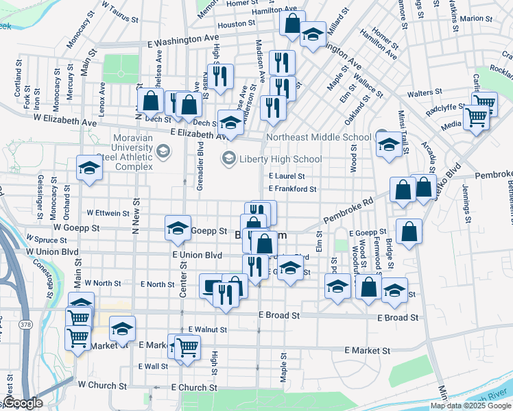 map of restaurants, bars, coffee shops, grocery stores, and more near 941 Linden Street in Bethlehem