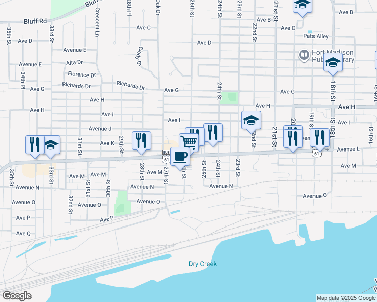map of restaurants, bars, coffee shops, grocery stores, and more near 2601 Avenue L in Fort Madison