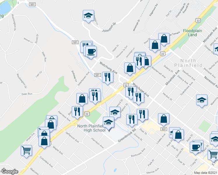 map of restaurants, bars, coffee shops, grocery stores, and more near 591 Somerset St in North Plainfield