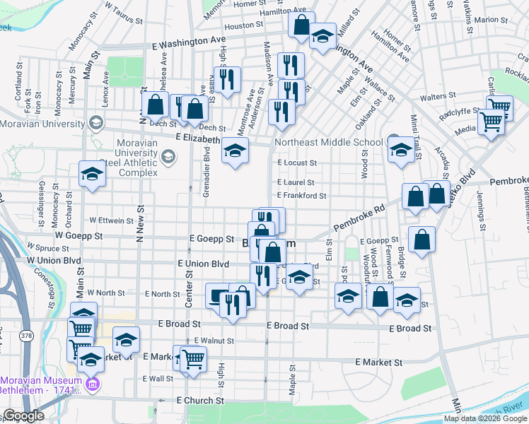 map of restaurants, bars, coffee shops, grocery stores, and more near 266 East Fairview Street in Bethlehem