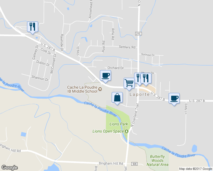 map of restaurants, bars, coffee shops, grocery stores, and more near 3511 Co Road 54G in Laporte