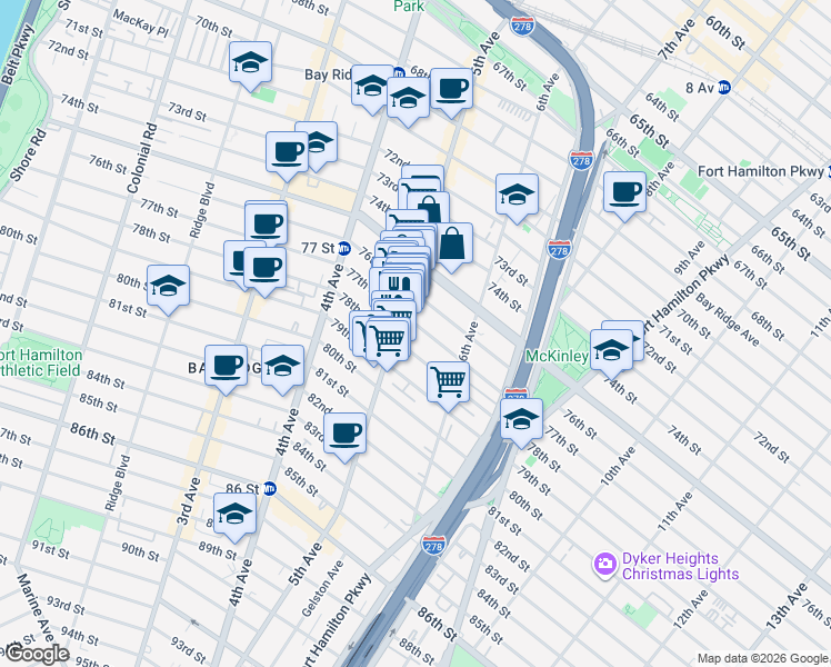 map of restaurants, bars, coffee shops, grocery stores, and more near 543 77th Street in Brooklyn