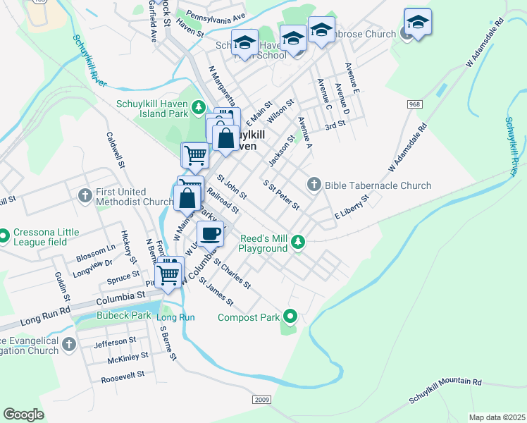 map of restaurants, bars, coffee shops, grocery stores, and more near 304 Saint John Street in Schuylkill Haven