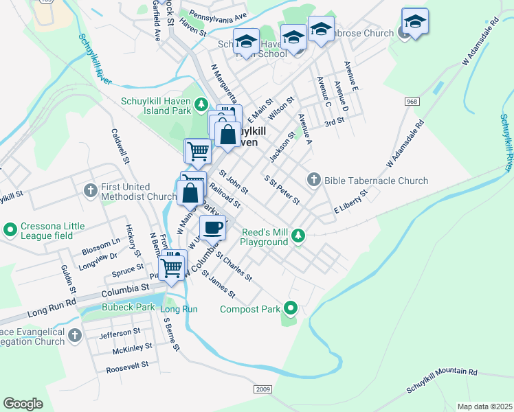 map of restaurants, bars, coffee shops, grocery stores, and more near 218 Saint John Street in Schuylkill Haven