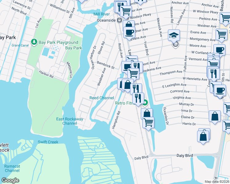 map of restaurants, bars, coffee shops, grocery stores, and more near 3417 Westminster Road in Oceanside