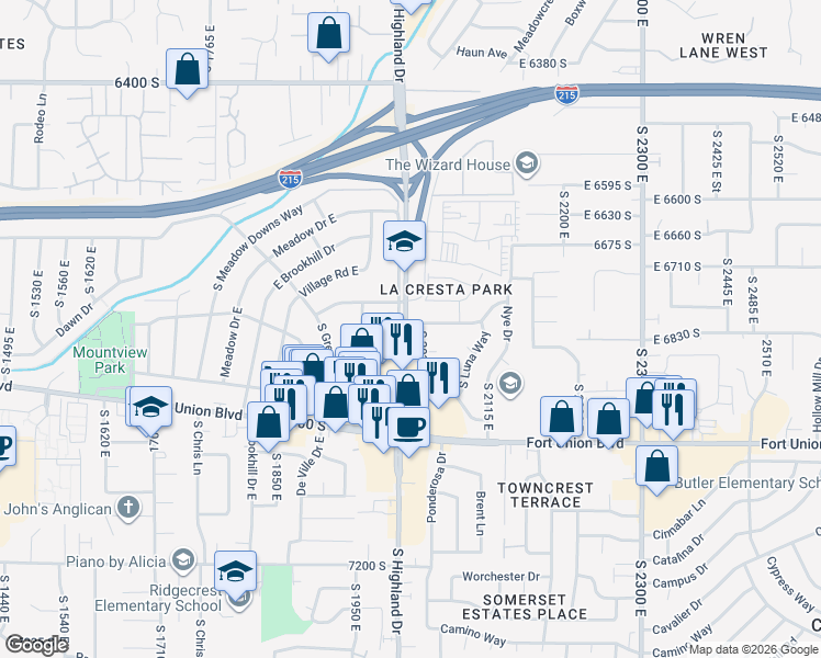 map of restaurants, bars, coffee shops, grocery stores, and more near 6811 South Highland Drive in Cottonwood Heights