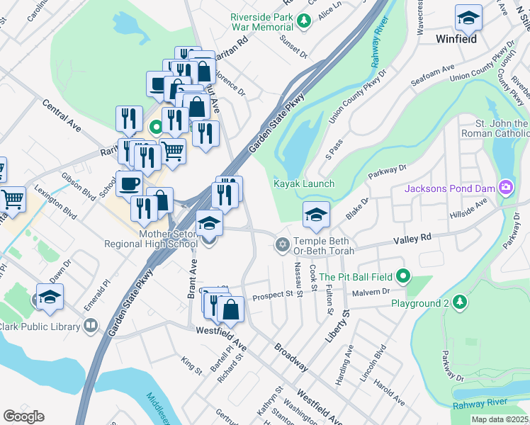 map of restaurants, bars, coffee shops, grocery stores, and more near 23 Walnut Avenue in Clark