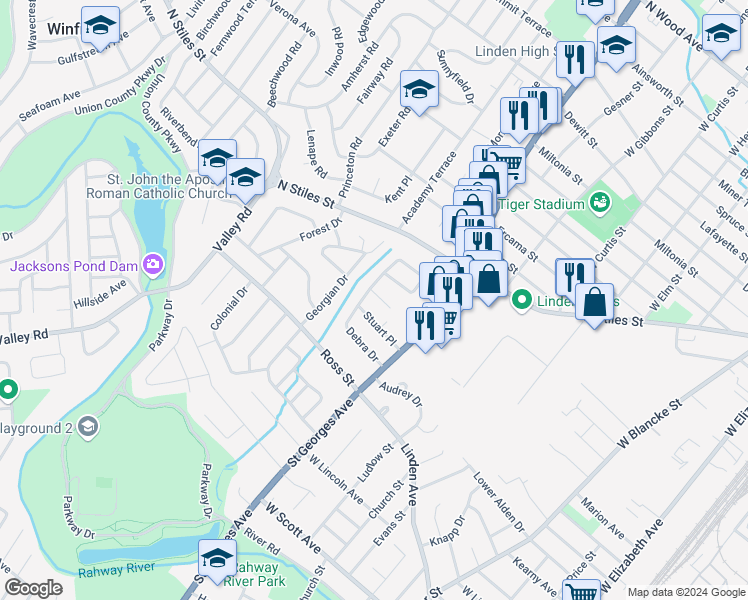 map of restaurants, bars, coffee shops, grocery stores, and more near 1123 Fedirko Court in Linden
