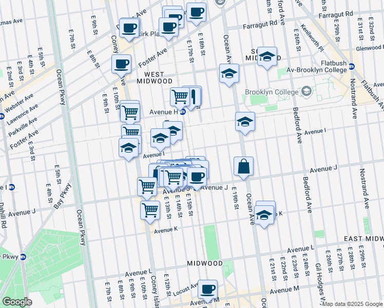 map of restaurants, bars, coffee shops, grocery stores, and more near 1620 Avenue I in Brooklyn