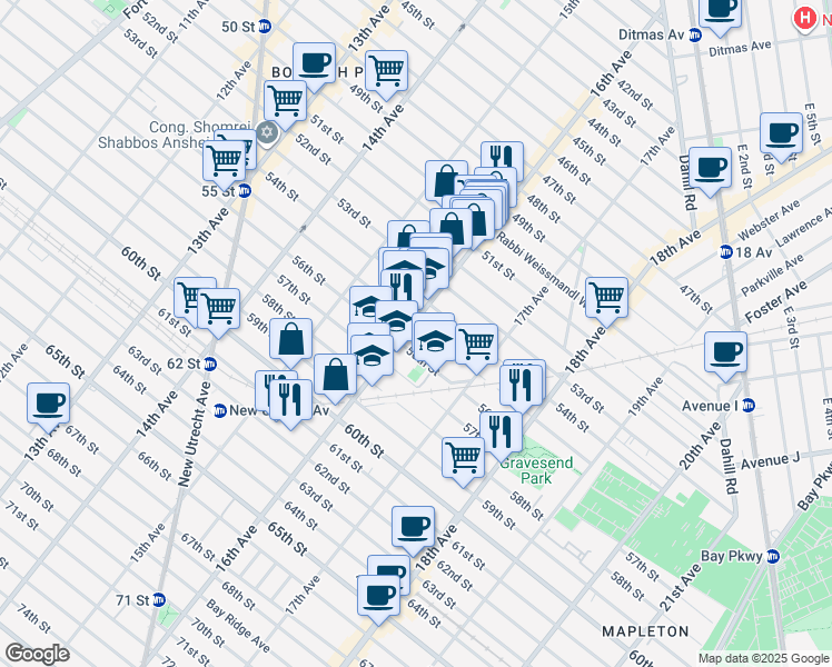 map of restaurants, bars, coffee shops, grocery stores, and more near 5501 16th Avenue in Brooklyn