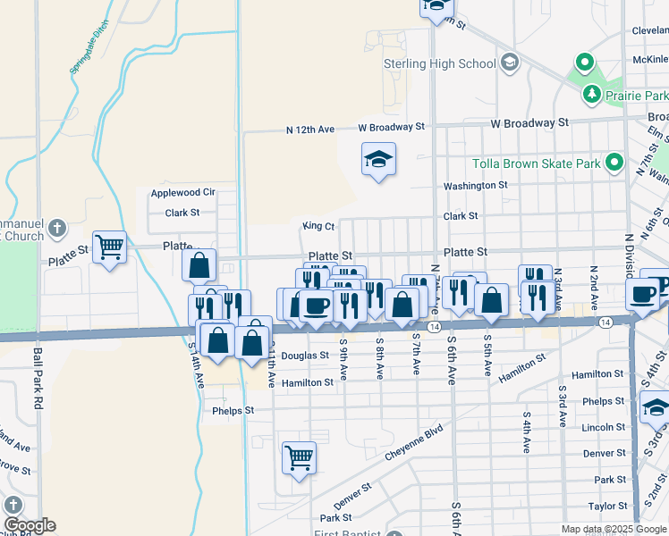 map of restaurants, bars, coffee shops, grocery stores, and more near 225 Weston Court in Sterling