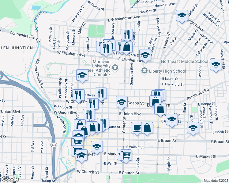 map of restaurants, bars, coffee shops, grocery stores, and more near 40 East Fairview Street in Bethlehem