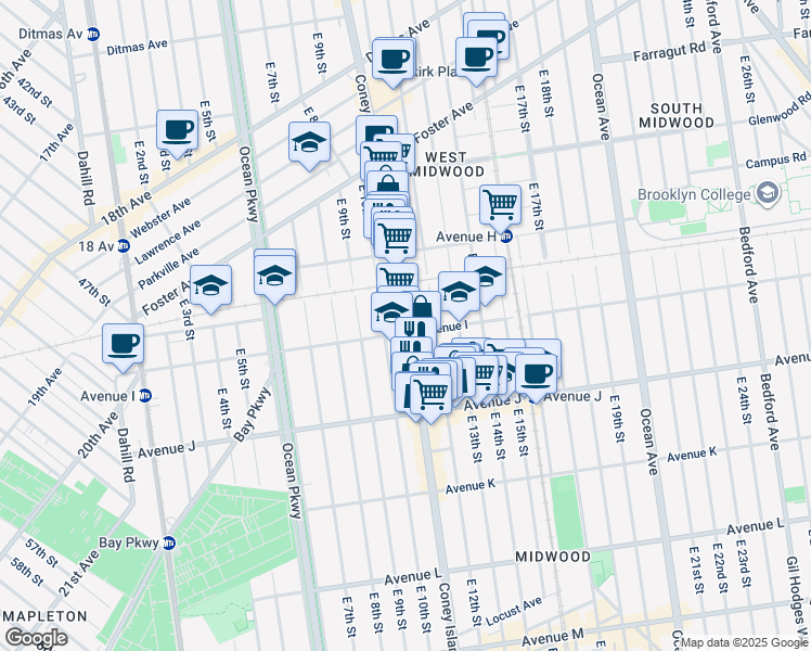 map of restaurants, bars, coffee shops, grocery stores, and more near 1077 Avenue I in Brooklyn
