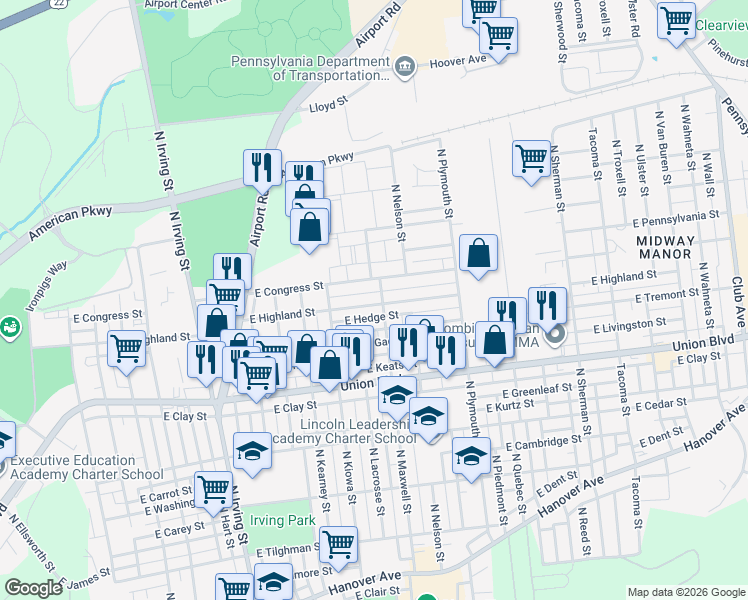 map of restaurants, bars, coffee shops, grocery stores, and more near 1219 East Highland Street in Allentown