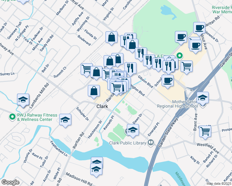 map of restaurants, bars, coffee shops, grocery stores, and more near 1081 Raritan Road in Clark