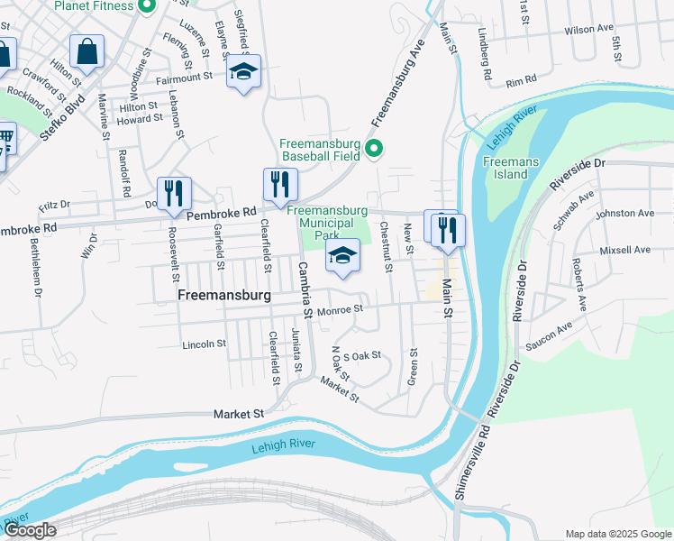 map of restaurants, bars, coffee shops, grocery stores, and more near 501 Monroe Street in Freemansburg