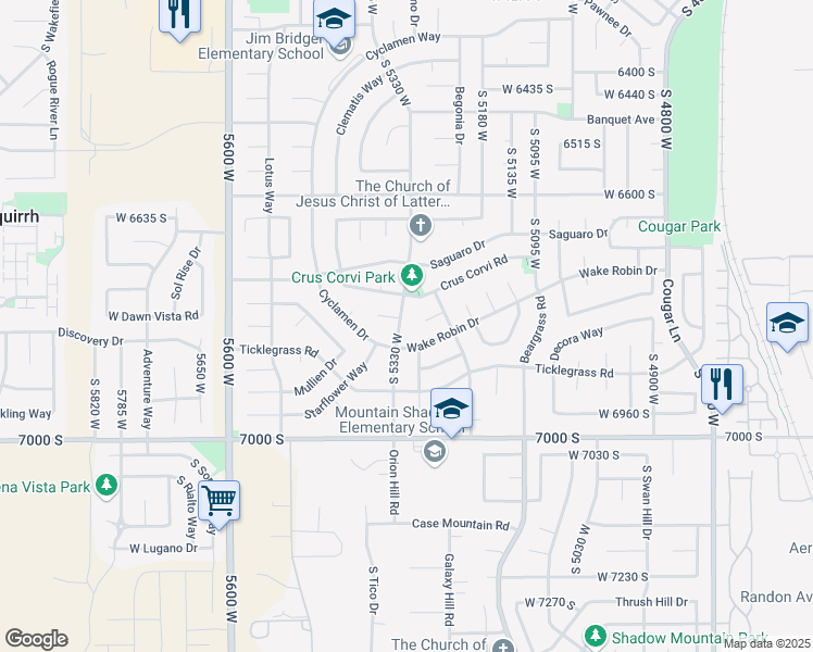 map of restaurants, bars, coffee shops, grocery stores, and more near 6815 Clernates Drive in West Jordan