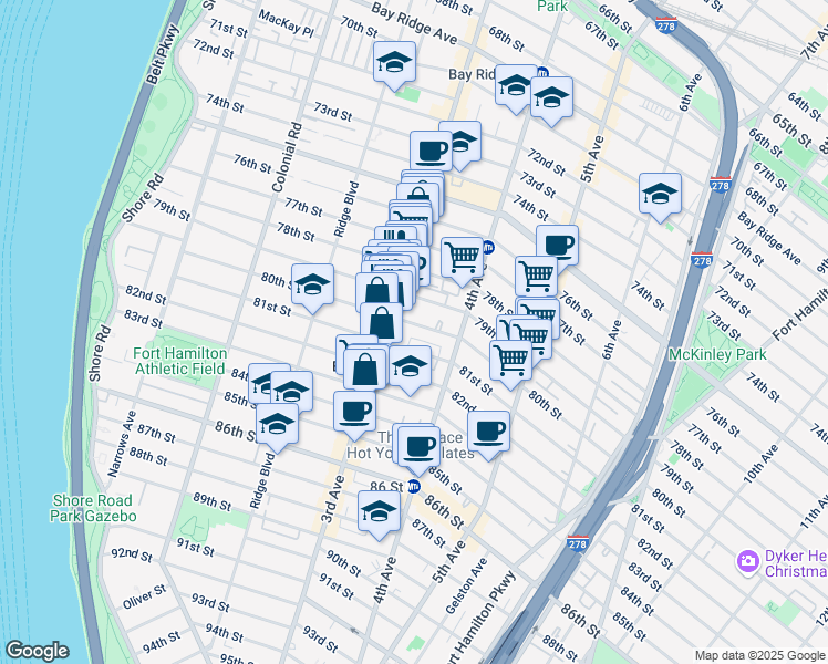 map of restaurants, bars, coffee shops, grocery stores, and more near 332 80th Street in Brooklyn
