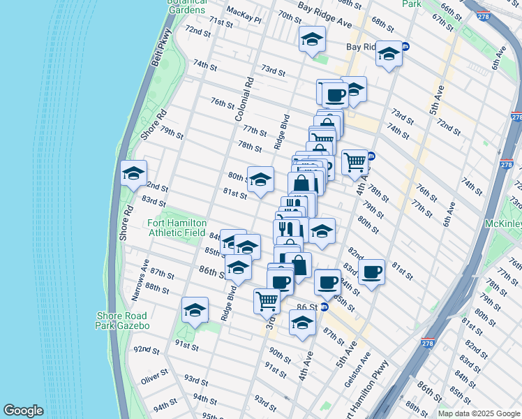 map of restaurants, bars, coffee shops, grocery stores, and more near 8101 Ridge Boulevard in Brooklyn