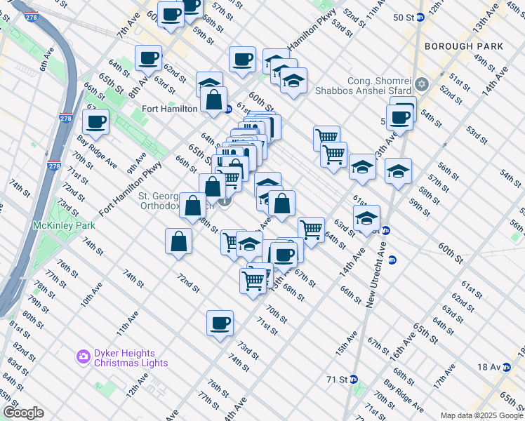 map of restaurants, bars, coffee shops, grocery stores, and more near 1175 65th Street in Brooklyn