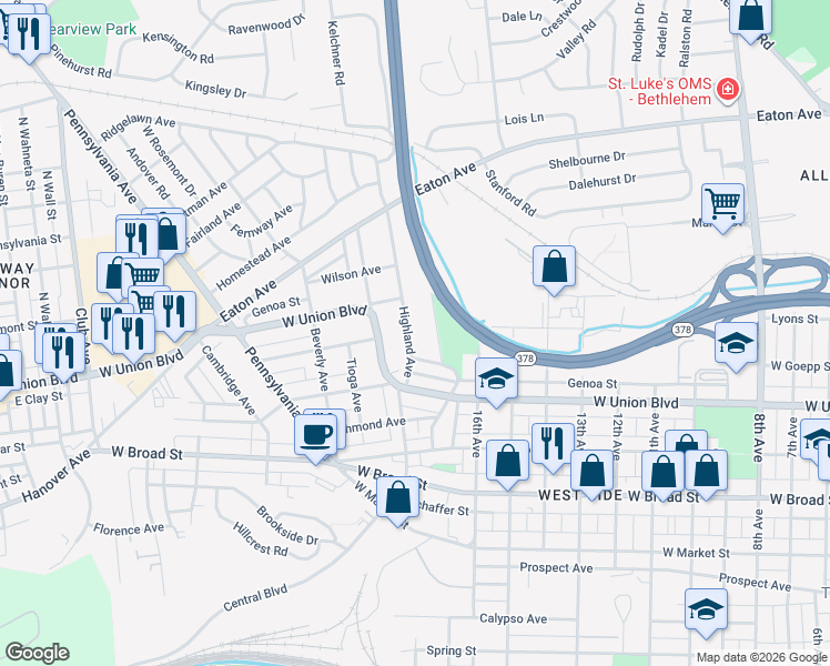 map of restaurants, bars, coffee shops, grocery stores, and more near 931 Stratford Street in Bethlehem