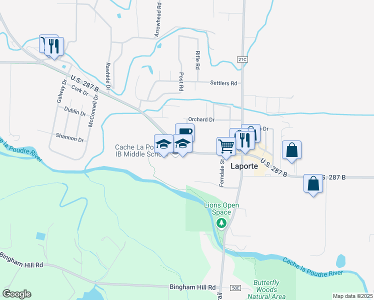 map of restaurants, bars, coffee shops, grocery stores, and more near 3511 Co Road 54G in Laporte