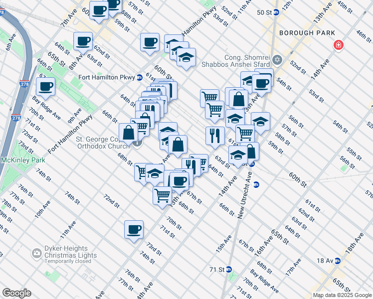 map of restaurants, bars, coffee shops, grocery stores, and more near 1228 64th Street in Brooklyn