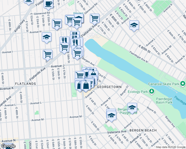 map of restaurants, bars, coffee shops, grocery stores, and more near 1128 East 73rd Street in Brooklyn