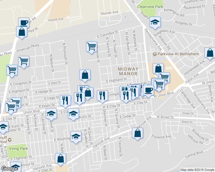 map of restaurants, bars, coffee shops, grocery stores, and more near 1917 East Tremont Street in Allentown