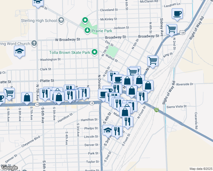 map of restaurants, bars, coffee shops, grocery stores, and more near 519 Chestnut Street in Sterling