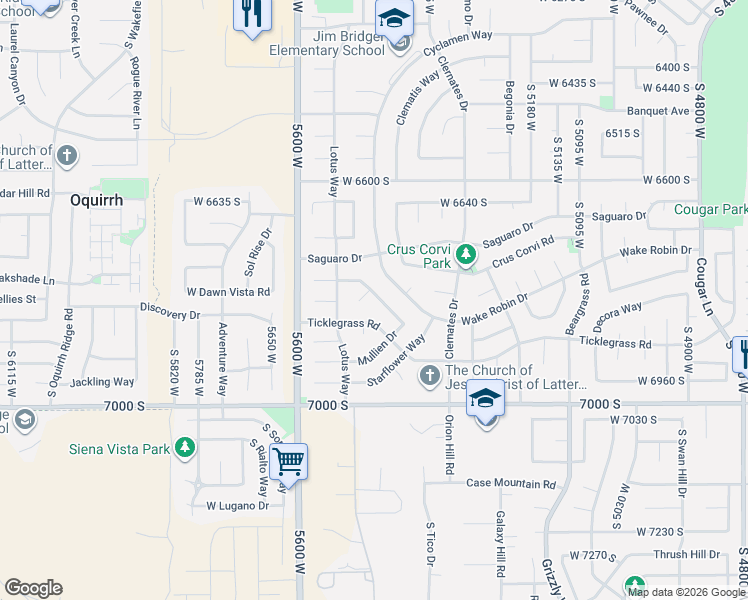 map of restaurants, bars, coffee shops, grocery stores, and more near 5465 Aristada Avenue in West Jordan