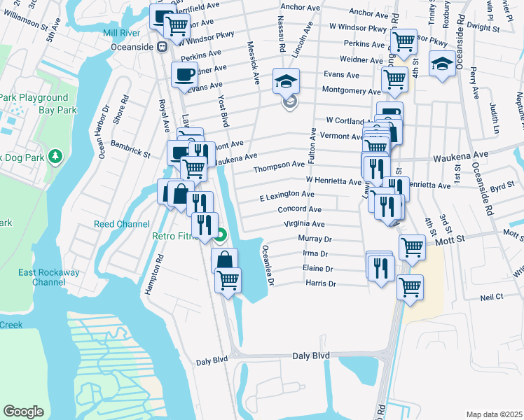 map of restaurants, bars, coffee shops, grocery stores, and more near 304 Concord Avenue in Oceanside