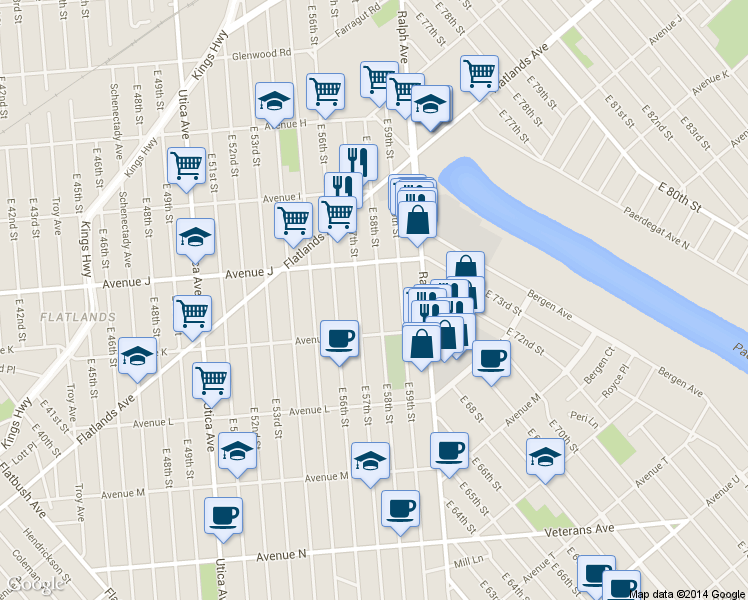 map of restaurants, bars, coffee shops, grocery stores, and more near 1109 East 58th Street in Brooklyn