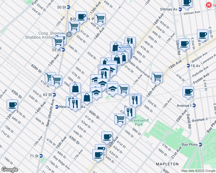 map of restaurants, bars, coffee shops, grocery stores, and more near 5501 16th Avenue in Brooklyn