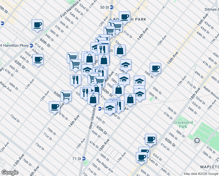 map of restaurants, bars, coffee shops, grocery stores, and more near 1430 59th Street in Brooklyn