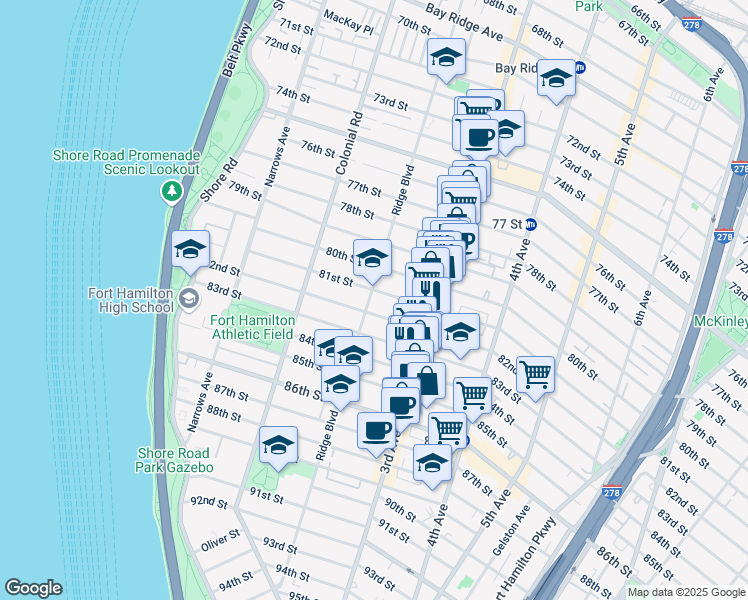 map of restaurants, bars, coffee shops, grocery stores, and more near 192 81 Street in Brooklyn