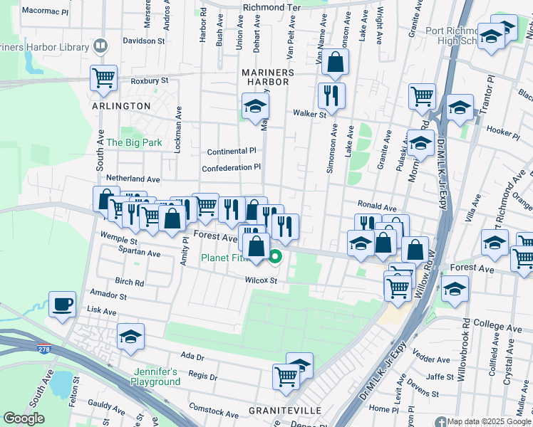 map of restaurants, bars, coffee shops, grocery stores, and more near 242 Maple Parkway in Staten Island