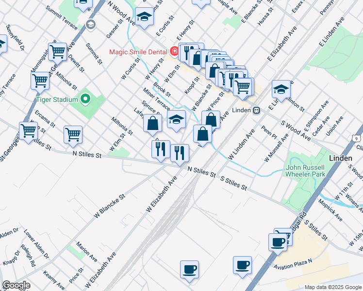 map of restaurants, bars, coffee shops, grocery stores, and more near 609 West Price Street in Linden