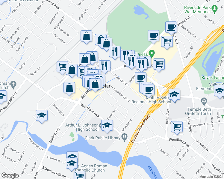 map of restaurants, bars, coffee shops, grocery stores, and more near 205 Lexington Boulevard in Clark