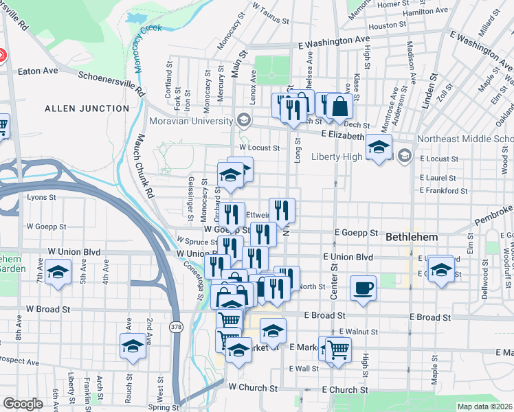 map of restaurants, bars, coffee shops, grocery stores, and more near 33 West Fairview Street in Bethlehem